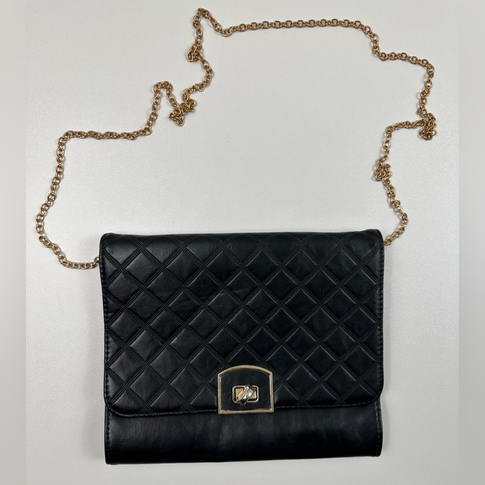 Quilted Black evening Clutch with golden chain